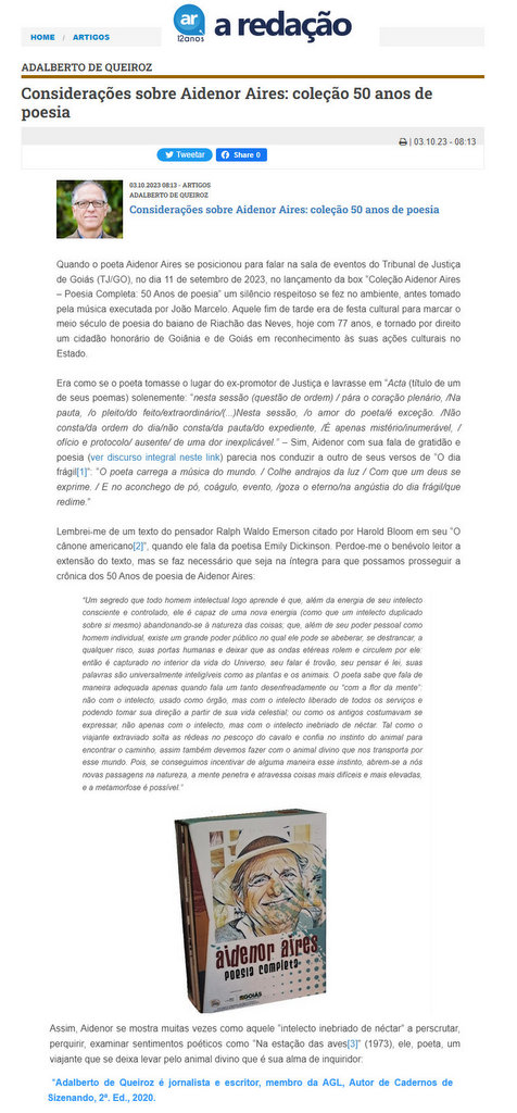 Um "intelecto inebriado do néctar" da Poesia faz de Aidenor Aires uma das principais figuras da cena poética goiana