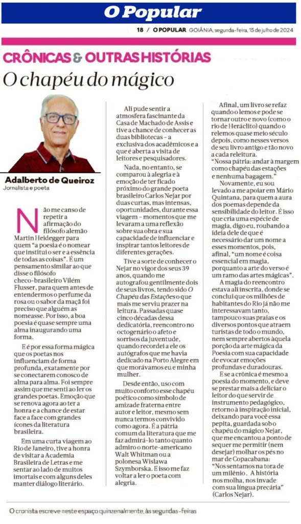 Print da crônica no Jornal O POPULAR, 15/7/2024