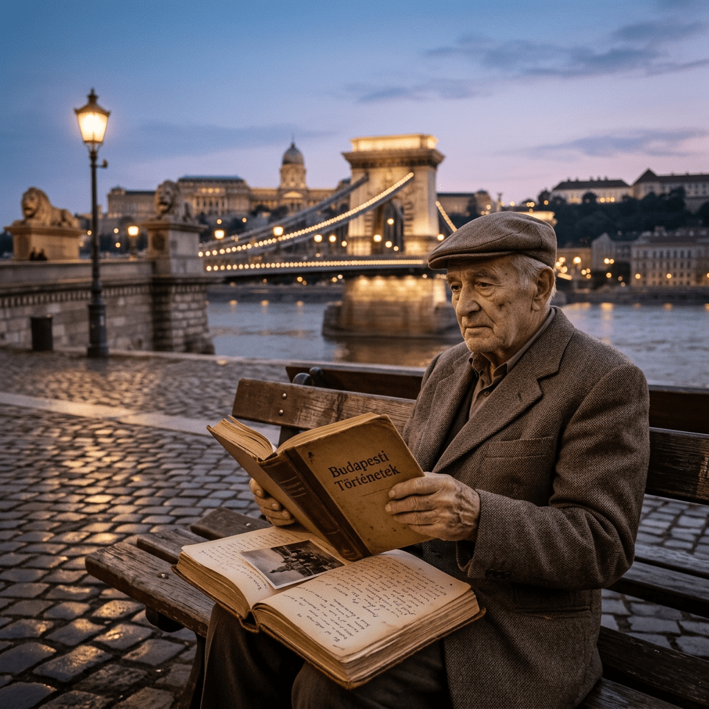 Elderly man reading 'Budapesti Történetek' book on bench by Chain Bridge at dusk