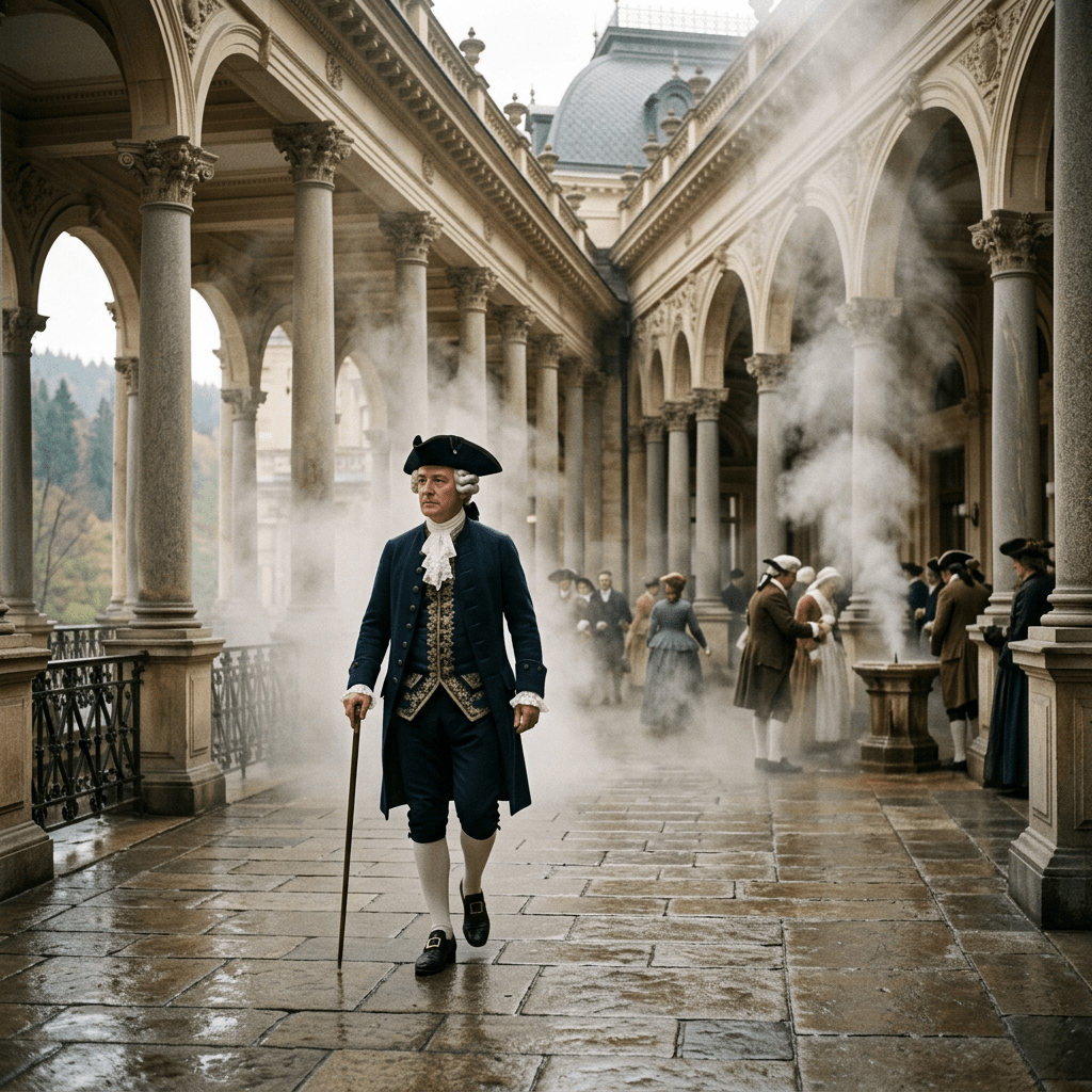 Aristocratic man in 18th-century attire walking with cane along a stone colonnade with steam and people in historical costumes
