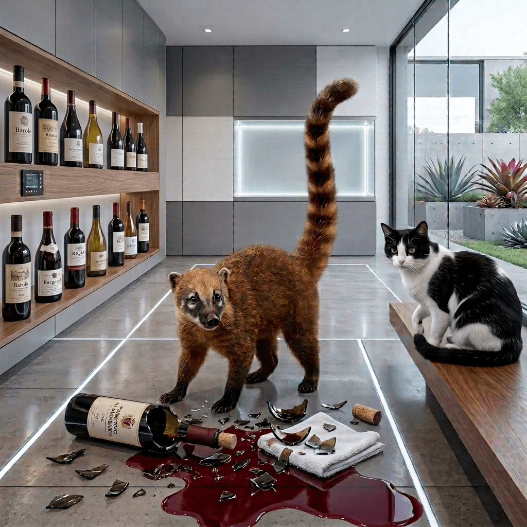 Seriema, coati, and tortoiseshell cat gathered in a rustic yard