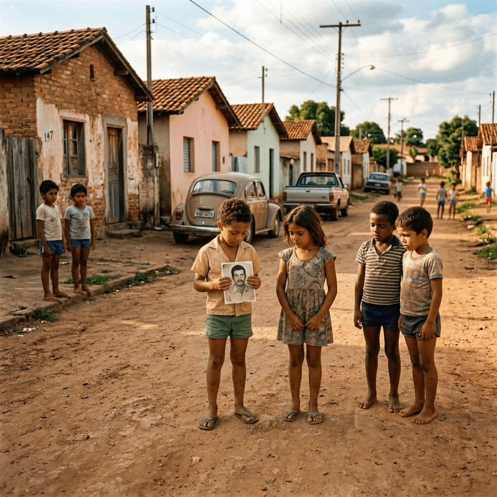 Children playing on a dirt street beside colorful homes marked 147
