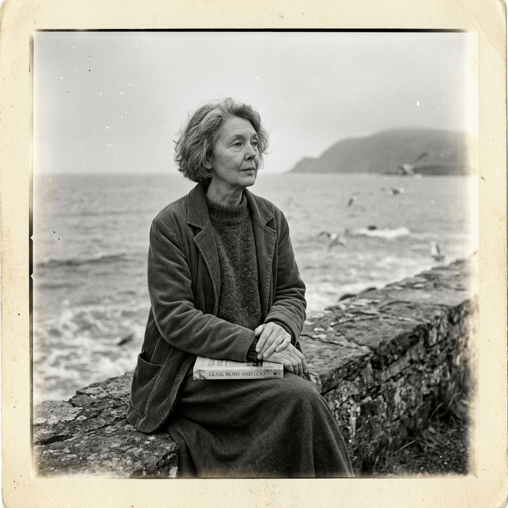 Woman seated by the sea holding book labeled “GLASS, IRONY AND GOO”