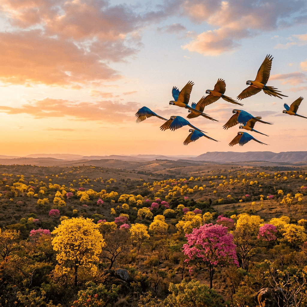 Flock of colorful macaws flying over flower-covered rolling hills