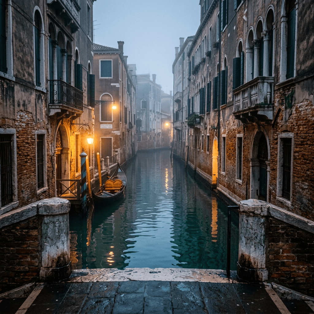 Misty Venetian canal lined with historic buildings, streetlamps, and a gondola